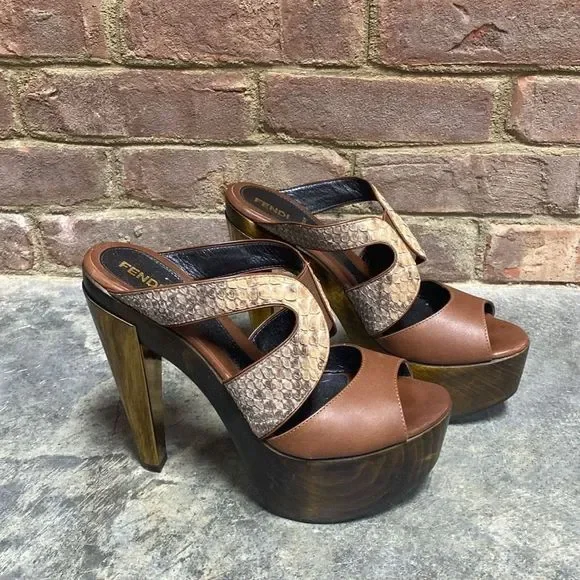 Fendi Embossed Brown Leather Slide Platform Heel Sandal Size 38 - Picture 2 of 11